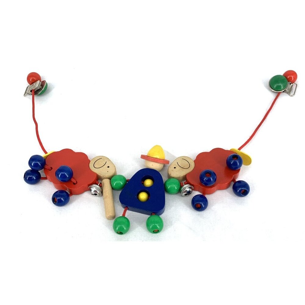 Stroller Pram Clip on Baby Toy Hand Painted Wooden Shepard and Lambs 35" - Picture 8 of 11